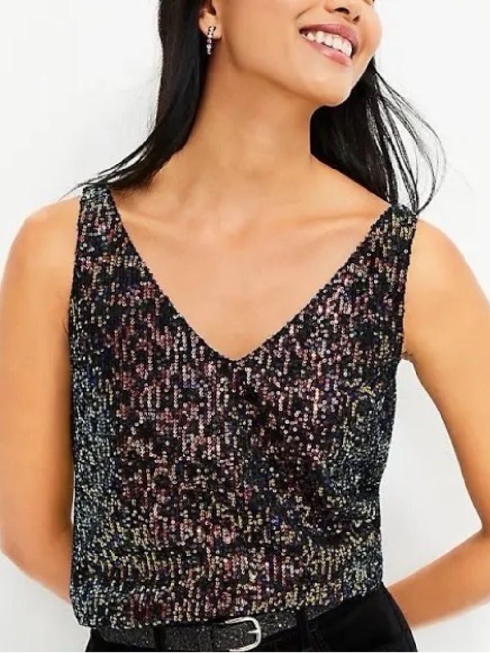 NWT Loft Iridescent Black Sequin V-neck blouse size XS